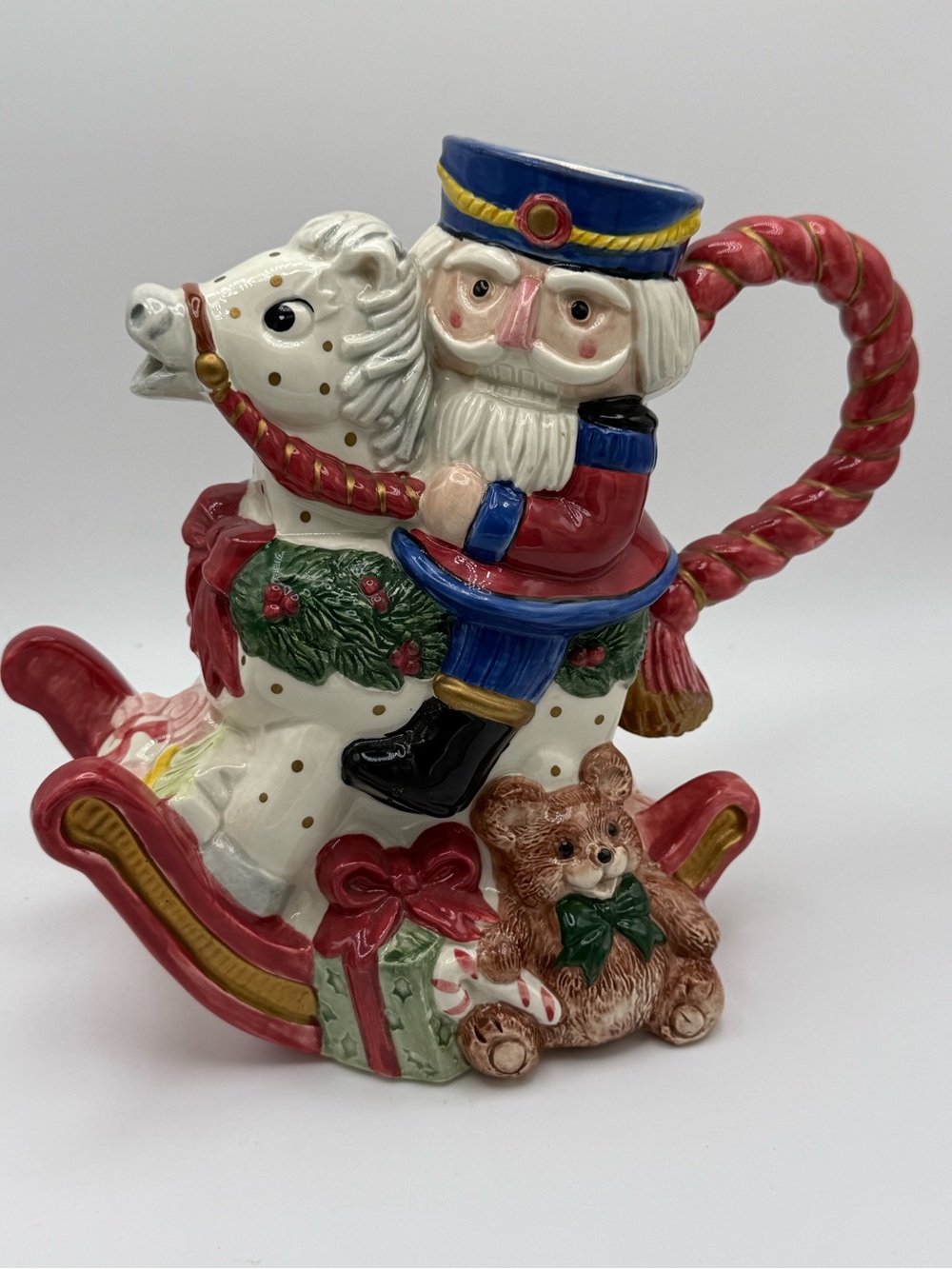 FF Vintage Festive Nutcracker Rocking Horse Ceramic Teapot - Red, White, Blue